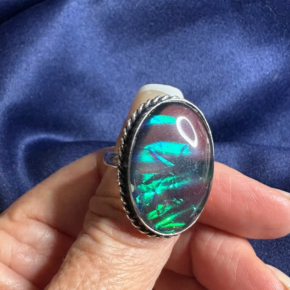 Ring Dichroic Glass Stone Silver Blue Green Flash Statement - Picture 5 of 9
